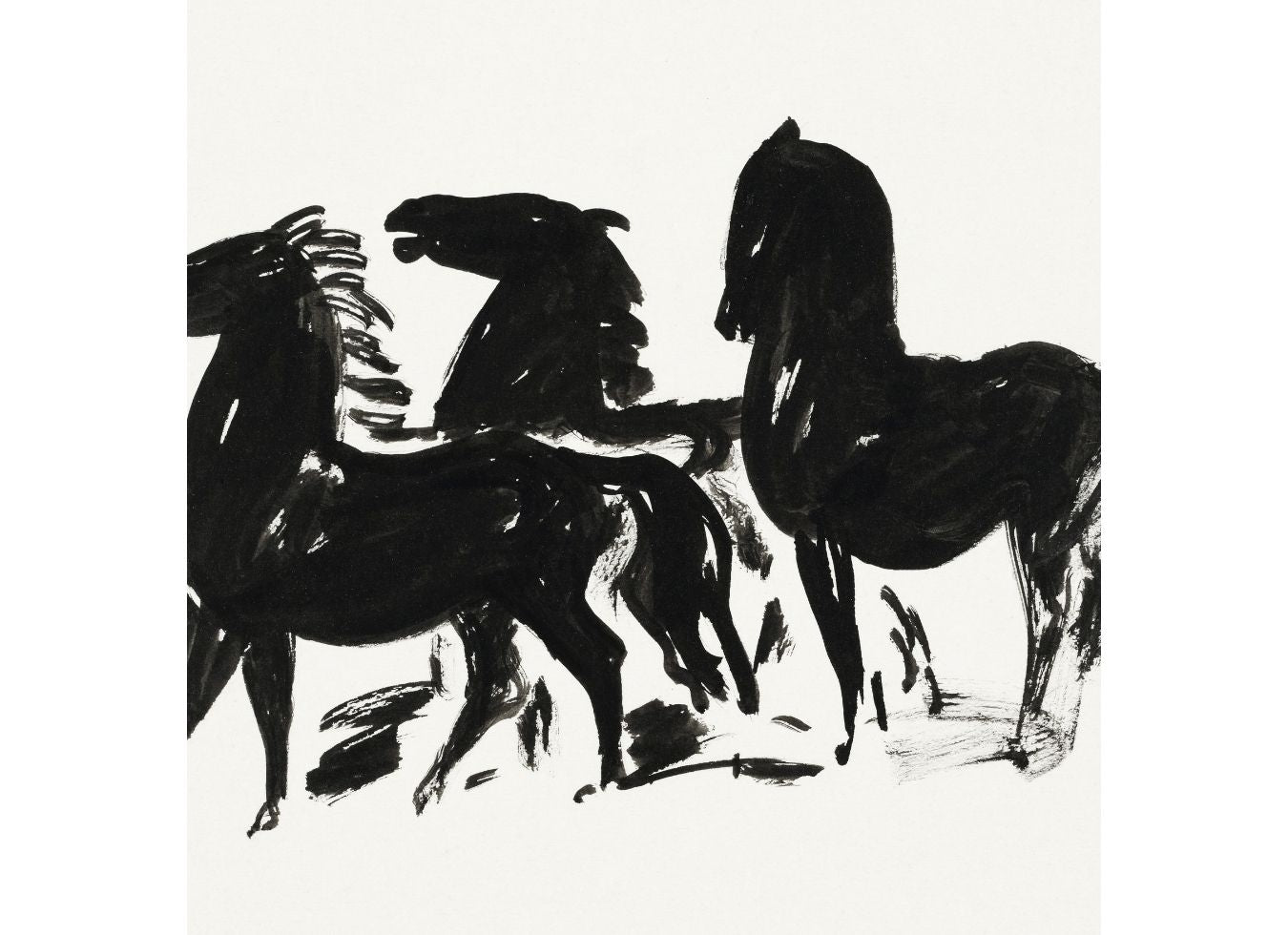 Three Black Horses Standing Facing Left