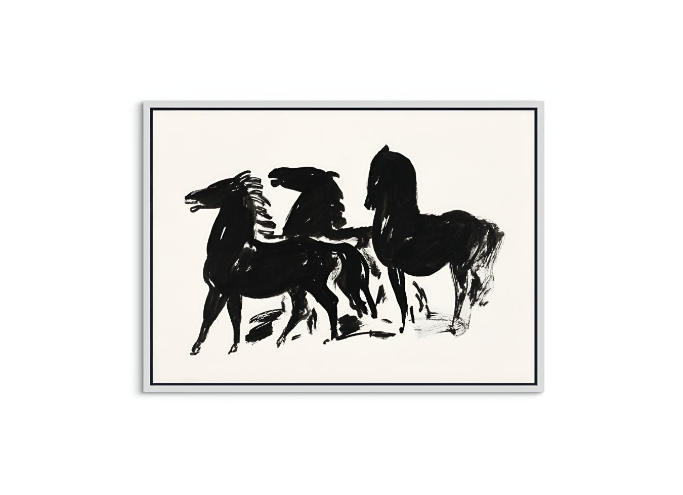 Three Black Horses Standing Facing Left