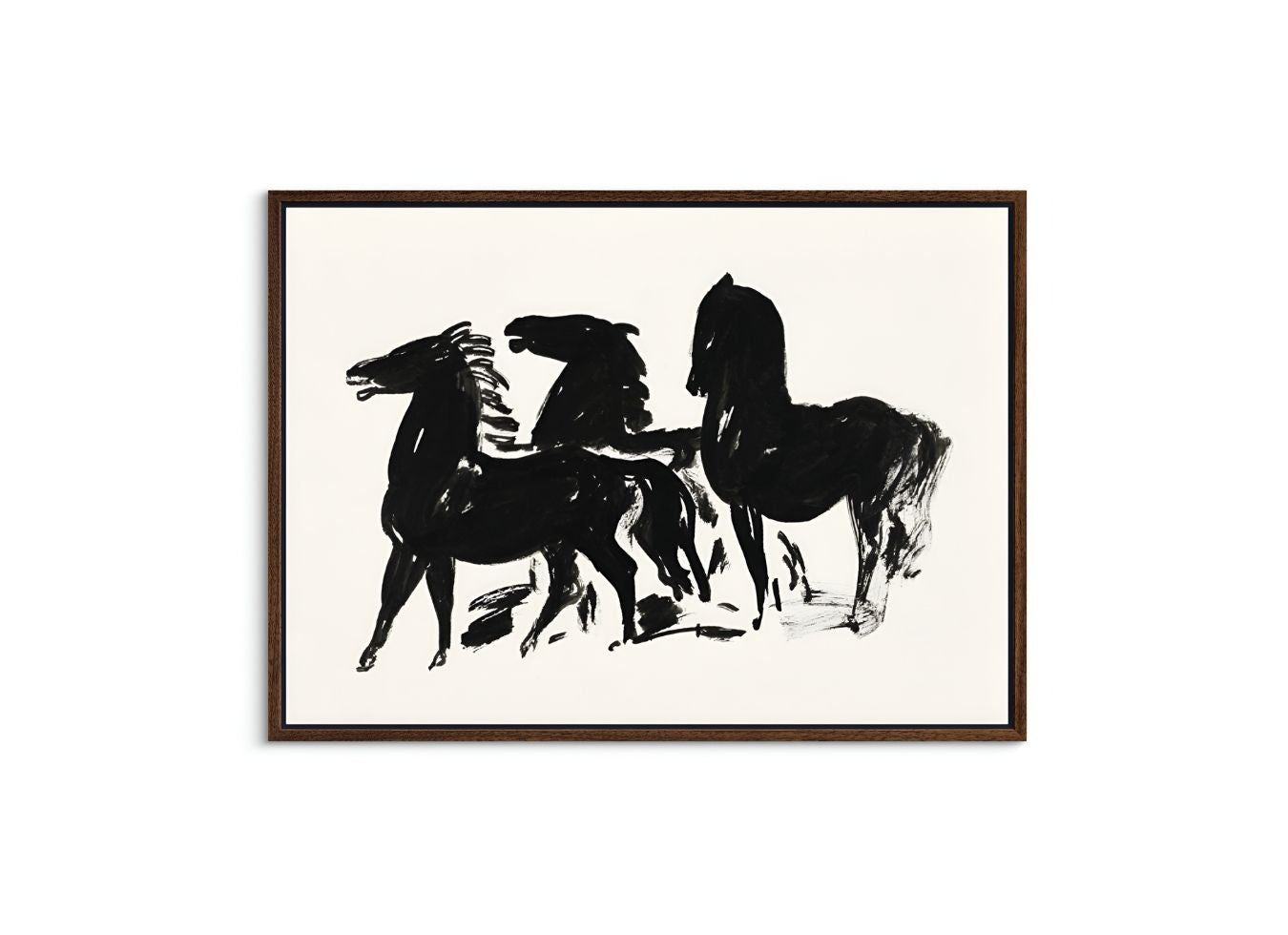 Three Black Horses Standing Facing Left