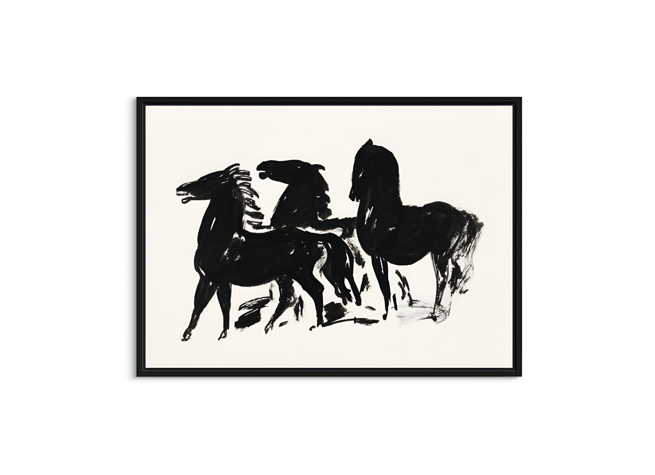 Three Black Horses Standing Facing Left